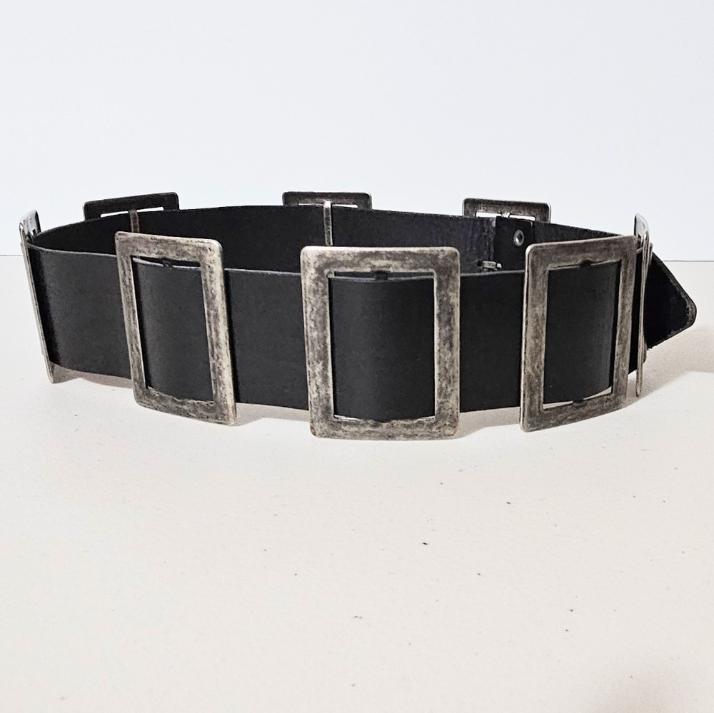 Dries Van Noten Black & Silver Brass Belt Rustic Leather Moveable Industrial S/X